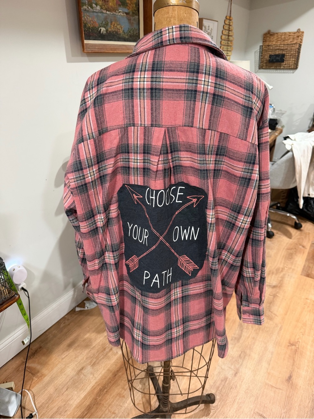 Pink Plaid Button-Down Shirt Jacket with Back Graphic